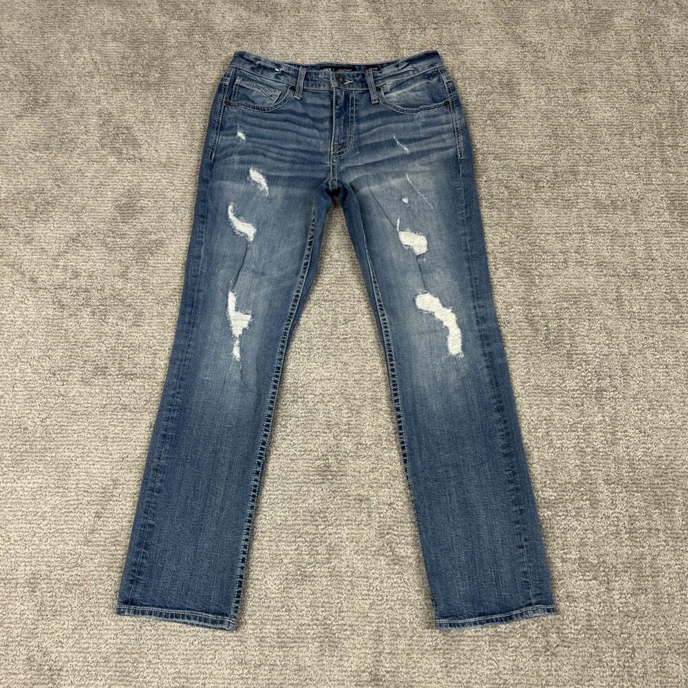 BKE Buckle Jeans Mens 32x32 Blue Jake Straight Stretch Denim Distressed Pockets